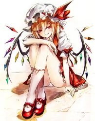Rule 34 | 1girl, :q, ass, banned artist, blonde hair, blush, bow, commentary request, crossed legs, crystal, eyelashes, flandre scarlet, frilled skirt, frills, hair between eyes, hat, hat ribbon, kozou (soumuden), looking to the side, mary janes, mob cap, on floor, one side up, panties, puffy short sleeves, puffy sleeves, rainbow order, red bow, red eyes, red footwear, red ribbon, red skirt, red vest, ribbon, shirt, shoes, short hair, short hair with long locks, short sleeves, side ponytail, simple background, sitting, skirt, slit pupils, socks, solo, thighs, tongue, tongue out, touhou, underwear, vest, white background, white hat, white panties, white shirt, white socks, wings