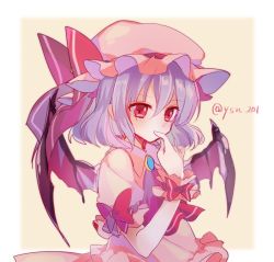 Rule 34 | 1girl, ascot, bad id, bad twitter id, bat wings, bow, brooch, dress, finger to mouth, frills, hat, hat ribbon, jewelry, light purple hair, mob cap, pink dress, puffy short sleeves, puffy sleeves, red bow, red eyes, red ribbon, remilia scarlet, ribbon, short hair, short sleeves, skirt, skirt set, solo, touhou, wings, wrist cuffs, yasuno (ysn 201)
