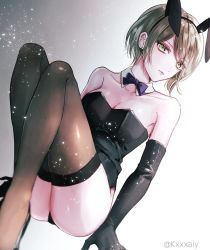 Rule 34 | 1girl, alternate costume, animal ears, arm support, ass, bare shoulders, black footwear, black gloves, black leotard, black thighhighs, blue bow, blue neckwear, bow, breasts, brown hair, brown thighhighs, cleavage, collarbone, commentary request, danganronpa (series), danganronpa v3: killing harmony, elbow gloves, eyes visible through hair, fake animal ears, female focus, gloves, green eyes, knees up, leotard, lips, looking at viewer, medium breasts, neck, playboy bunny, rabbit ears, sakuyu, serious, shoes, short hair, sitting, solo, strapless, strapless leotard, thighhighs, tojo kirumi