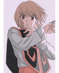 Rule 34 | 1boy, absurdres, androgynous, blonde hair, bowl cut, chain, earrings, enoki (gongindon), fighting stance, hands up, highres, hunter x hunter, jewelry, kurapika, long sleeves, looking at viewer, male focus, multiple rings, parted lips, red eyes, ring, shirt, simple background, solo, tabard, white shirt, wide-eyed
