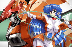 Rule 34 | 1990s (style), armor, belt, belt pouch, blue eyes, blue hair, bodysuit, breasts, collarbone, dennis pulido, energy sword, flame (panzer paladin), gloves, holding, holding weapon, impossible bodysuit, impossible clothes, large breasts, long hair, looking at viewer, mecha, multicolored bodysuit, multicolored clothes, no headwear, no headwear, orange bodysuit, outstretched arm, paladin (panzer paladin), panzer paladin, pouch, retro artstyle, robot, shoulder armor, skindentation, skirt, sword, thigh gap, weapon, whip sword, white bodysuit, white gloves
