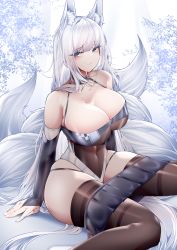 Rule 34 | 1girl, absurdres, animal ear fluff, animal ears, arm support, azur lane, bare shoulders, blush, breasts, bridal gauntlets, cleavage, collarbone, commentary request, covered navel, fingernails, fox ears, fox girl, fox tail, grey eyes, highleg, highleg leotard, highres, large breasts, leotard, long hair, looking at viewer, multiple tails, pleated skirt, samip, shinano (azur lane), shinano (moonlit chrome) (azur lane), shiny clothes, simple background, sitting, skirt, unworn skirt, smile, tail, thighs, wariza, white hair