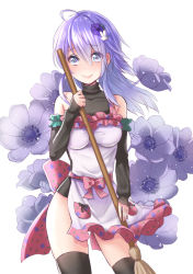 Rule 34 | 1girl, anemone (flower knight girl), apron, arm warmers, black thighhighs, blue eyes, bow, breasts, broom, rabbit hair ornament, cowboy shot, flower, flower knight girl, hair flower, hair ornament, holding, holding broom, impossible clothes, kusumoto miya, long hair, looking at viewer, medium breasts, pink bow, purple hair, smile, standing, thighhighs, waist bow