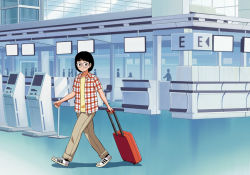 Rule 34 | 1girl, airport, aragon honnin, blush, brown pants, closed mouth, freckles, full body, glasses, grey-framed eyewear, original, pants, rolling suitcase, shirt, short sleeves, smile, solo, suitcase, walking, yellow shirt