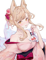 Rule 34 | 1girl, absurdres, ahri (league of legends), animal ear fluff, animal ears, bare shoulders, blonde hair, bow, breasts, cleavage, collarbone, fish, floral print, fox ears, fox tail, goldfish, hair bun, hair ornament, highres, holding, japanese clothes, kimono, large breasts, league of legends, long hair, looking at viewer, meowlian, off shoulder, piercing, pink bow, sidelocks, simple background, single hair bun, solo, tabi, tail, white background, yellow eyes