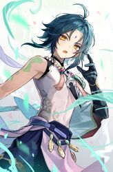 Rule 34 | 1boy, arm tattoo, bead necklace, beads, black gloves, black hair, blue hair, detached sleeves, facial mark, forehead mark, genshin impact, gloves, highres, jewelry, looking at viewer, male focus, multicolored hair, necklace, open mouth, pillow (nutsfool), polearm, simple background, single detached sleeve, solo, tassel, tattoo, weapon, xiao (genshin impact)