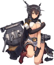 Rule 34 | 10s, 1girl, black hair, boots, breasts, covering breasts, covering privates, damaged, fingerless gloves, gloves, hair between eyes, hand on leg, headgear, kantai collection, kikumon, large breasts, long hair, looking at viewer, nagato (kancolle), nipple slip, nipples, nude filter, on one knee, pleated skirt, red eyes, red footwear, rigging, rudder footwear, shizuma yoshinori, skirt, solo, striped clothes, striped skirt, thigh boots, thighhighs, third-party edit, torn clothes, transparent background, turret, underboob, white skirt