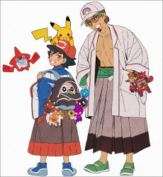 Rule 34 | 2boys, ash ketchum, backpack, bag, baseball cap, beard, black hair, blue footwear, blue kimono, brown eyes, brown hair, character doll, cosmog, creatures (company), dark-skinned male, dark skin, facial hair, game freak, gen 1 pokemon, gen 4 pokemon, gen 7 pokemon, goggles, green footwear, grey headwear, grey jacket, grin, hakusai (tiahszld), hands in pockets, hat, in bag, in container, incineroar, jacket, japanese clothes, kimono, kukui (pokemon), legendary pokemon, litten, long sleeves, lycanroc, lycanroc (dusk), male focus, masked royal, meltan, multiple boys, mythical pokemon, nintendo, on head, open clothes, open jacket, pikachu, poipole, pokemon, pokemon (anime), pokemon (creature), pokemon on head, pokemon sm (anime), red headwear, rotom, rotom dex, rowlet, shoes, simple background, smile, standing, ultra beast, white background, white kimono, wide sleeves
