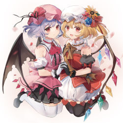 Rule 34 | 2girls, :d, absurdres, ascot, back bow, bat wings, black footwear, black gloves, black skirt, black thighhighs, blonde hair, blue flower, blue hair, blue rose, blush, bow, bowtie, brooch, collar, commentary request, crystal, fang, flandre scarlet, flower, full body, gloves, hat, hat flower, hat ribbon, highres, jewelry, kita (kitairoha), loafers, looking at viewer, mob cap, multiple girls, open mouth, orange bow, orange bowtie, pink bow, pink headwear, pink shirt, ponytail, red ascot, red bow, red eyes, red flower, red footwear, red ribbon, red shirt, remilia scarlet, ribbon, rose, shirt, shoes, short hair, siblings, simple background, sisters, skin fang, skirt, smile, striped bow, striped bowtie, striped clothes, sunflower, thighhighs, touhou, white background, white collar, white gloves, white headwear, white skirt, white thighhighs, wings, yellow flower