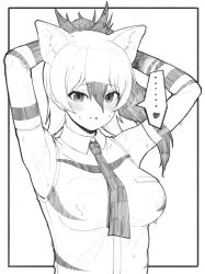Rule 34 | ..., 1girl, aardwolf (kemono friends), aardwolf print, animal ears, armpits, arms behind head, arms up, blush, breasts, covered erect nipples, deku suke, dripping, elbow gloves, gloves, greyscale, hair between eyes, heart, highres, kemono friends, large breasts, long hair, looking at viewer, monochrome, multicolored hair, necktie, parted bangs, parted lips, print gloves, print shirt, shirt, sleeveless, sleeveless shirt, solo, spoken ellipsis, spoken heart, two-tone hair, upper body, wet, wet clothes, wet face, wet shirt