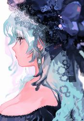 Rule 34 | 1girl, absurdres, aqua hair, blue gemstone, blurry, breasts, cleavage, collarbone, depth of field, dotori (seulseul), earrings, eyelashes, from side, gem, hat, hat ribbon, highres, jewelry, lace-trimmed headwear, lace trim, long hair, looking away, off shoulder, original, portrait, profile, red eyes, ribbon, solo, white background