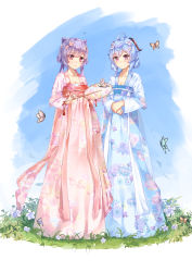 Rule 34 | 2girls, ahoge, alternate costume, animal, blue hair, blue sky, blush, breasts, bug, butterfly, chahei, cleavage, closed mouth, collarbone, commentary request, day, floral print, flower, ganyu (genshin impact), genshin impact, hair flower, hair ornament, highres, holding, horns, insect, keqing (genshin impact), long hair, medium breasts, multiple girls, pink flower, purple eyes, purple hair, red eyes, sky, smile, standing, white background, white flower