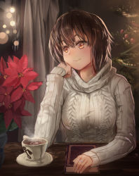 Rule 34 | 1girl, absurdres, aged up, aran sweater, book, breasts, brown eyes, brown hair, cable knit, christmas tree, coffee, cup, curtains, flower, hagiwara yukiho, hair between eyes, hand on own cheek, hand on own face, highres, hot chocolate, idolmaster, idolmaster (classic), indoors, jewelry, large breasts, looking to the side, matching hair/eyes, original, plaster (2501), poinsettia, red flower, ribbed sweater, ring, saucer, short hair, smile, solo, sweater, table, teacup, turtleneck, vase