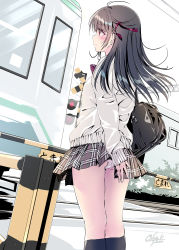 Rule 34 | 1girl, arm behind back, bag, black socks, blush, bow, bowtie, breasts, brown hair, brown skirt, carrying bag, closed mouth, commentary request, cowboy shot, facing away, floating clothes, floating hair, hair over eyes, hair ribbon, highres, holding, holding clothes, holding skirt, kneehighs, kobayashi chisato, long hair, long sleeves, miniskirt, original, panties, pantyshot, plaid, plaid skirt, pleated skirt, railroad crossing, railroad signal, railroad tracks, red bow, red bowtie, red eyes, red ribbon, ribbon, school bag, school uniform, skirt, small breasts, socks, solo, standing, striped bow, striped bowtie, striped clothes, sweater, train, translated, underwear, waiting, wind, wind lift, yellow sweater