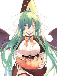 Rule 34 | 1girl, black capelet, black dress, black hat, bow, breasts, brooch, bucket, candy, capelet, dress, food, frilled capelet, frills, green hair, halloween, halloween bucket, hat, holding, holding bucket, jewelry, kuroko tori, large breasts, long hair, mima (touhou), pumpkin, shirt, smile, solo, sun print, touhou, touhou (pc-98), white background, white shirt, wings, wizard hat