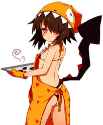 Rule 34 | 1girl, apron, ass, bikini, black bikini, blush, breasts, brown hair, chocolate, cowboy shot, flat chest, from behind, hair over one eye, hat, heart, heart print, highres, looking back, multicolored clothes, original, oven mitts, red eyes, ruiten, simple background, small breasts, solo, string bikini, swimsuit, tail, thong bikini, tray, white background