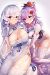 Rule 34 | 2girls, absurdres, azur lane, bare shoulders, blue eyes, blush, breasts, china dress, chinese clothes, cleavage, cleavage cutout, closed mouth, clothing cutout, dress, garter straps, gradient background, hair between eyes, hair ornament, highres, illustrious (azur lane), illustrious (maiden lily&#039;s radiance) (azur lane), large breasts, light smile, long hair, looking at viewer, medium breasts, mikazukicrescent, mole, mole under eye, multiple girls, purple hair, simple background, skindentation, smile, thick thighs, thighhighs, thighs, unicorn (azur lane), unicorn (prayer of plum and snow) (azur lane), white hair