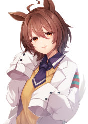 Rule 34 | 1girl, absurdres, agnes tachyon (umamusume), ahoge, animal ears, blue necktie, blue shirt, brown eyes, brown hair, closed mouth, collared shirt, commentary, hair between eyes, hand up, highres, horse ears, huge filesize, jacket, long hair, looking at viewer, mochimori kusunoki, necktie, shirt, simple background, sleeves past fingers, sleeves past wrists, smile, solo, sweater, tsurime, umamusume, upper body, white background, white jacket, yellow sweater