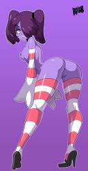 Rule 34 | 1girl, anus, ass, bent over, bigdead, blue hair, blue skin, breasts, cleft of venus, colored skin, detached collar, detached sleeves, hair over one eye, high heels, highres, nipples, nude, pussy, red eyes, skullgirls, solo, squigly (skullgirls), standing, stitched mouth, stitches, striped legwear, striped sleeves, twintails, uncensored, zombie