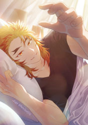 Rule 34 | 1boy, bed sheet, black shirt, blonde hair, forked eyebrows, grin, highres, kimetsu no yaiba, long hair, looking at viewer, male focus, multicolored hair, on bed, pillow, pov across bed, red hair, remsor076, rengoku kyoujurou, shirt, short sleeves, smile, solo, t-shirt, twitter username, two-tone hair, under covers, yellow eyes