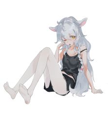 Rule 34 | 1girl, absurdres, ahoge, animal ears, arm support, bare arms, bare shoulders, black shorts, blush, braid, breasts, camisole, collarbone, dolphin shorts, full body, grey hair, highres, knees up, kurobeko (kur0bek0), looking at viewer, navel, no shoes, open mouth, original, pantyhose, rubbing eyes, short shorts, shorts, single braid, sitting, small breasts, solo, strap slip, white pantyhose, yellow eyes