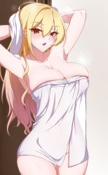Rule 34 | 1girl, armpits, arms up, bare shoulders, blonde hair, blush, breasts, brown eyes, cleavage, collarbone, gradient hair, highres, large breasts, long hair, looking at viewer, mole, mole under eye, multicolored hair, naked towel, nude, open mouth, original, pink hair, solo, thighs, towel, utsumi karmin, wet, wet hair