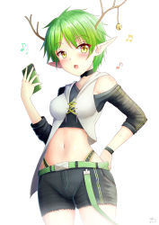 Rule 34 | 1girl, :o, antlers, bare shoulders, beamed eighth notes, bell, black shirt, black shorts, blush, breasts, cellphone, commentary, commission, copyright request, dated, eighth note, english commentary, green hair, hand up, highres, holding, holding phone, horns, jingle bell, long sleeves, musical note, navel, off shoulder, open mouth, phone, pointy ears, prophosphere, shirt, short shorts, shorts, signature, simple background, small breasts, solo, virtual youtuber, white background, yellow eyes