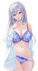 Rule 34 | 1girl, blue bra, blue eyes, blue panties, blush, bra, breasts, cleavage, collarbone, commentary request, cowboy shot, dress shirt, grey hair, hair between eyes, hand to own mouth, highres, lace, lace-trimmed bra, lace-trimmed panties, lace trim, long hair, looking at viewer, medium breasts, navel, off shoulder, original, panties, pasdar, shirt, simple background, smile, standing, underwear, white background, white shirt