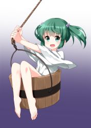 Rule 34 | 1girl, :d, bare legs, barefoot, blush, bucket, commentary request, full body, gradient background, green eyes, green hair, hair bobbles, hair ornament, highres, japanese clothes, kimono, kisume, long sleeves, looking at viewer, open mouth, purple background, rope, ruu (tksymkw), short hair, sidelocks, sitting, smile, solo, swinging, touhou, twintails, white kimono, wooden bucket