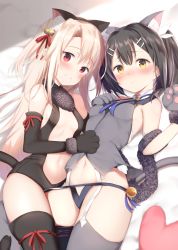 Rule 34 | 2girls, animal ears, animal hands, bare shoulders, bell, black hair, black leotard, blush, breasts, brown eyes, cat ears, cat paws, cat tail, center opening, crop top, dangeroes beast (illya), dangeroes beast (miyu), fake animal ears, fate/kaleid liner prisma illya, fate (series), fur trim, gloves, hair ornament, hairclip, highres, illyasviel von einzbern, leotard, long hair, looking at viewer, lying, maosame, midriff, miyu edelfelt, multiple girls, navel, official alternate costume, on back, open mouth, paw gloves, paw shoes, ponytail, red eyes, red ribbon, revealing clothes, ribbon, shoes, sidelocks, small breasts, tail, tail ornament, tail ribbon, thighhighs, two side up, white hair, yellow eyes