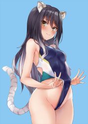Rule 34 | 1girl, animal ear fluff, animal ears, bare shoulders, black hair, blue background, blue one-piece swimsuit, blush, breasts, competition swimsuit, gradient hair, grey hair, highleg, highleg swimsuit, long hair, looking at viewer, marisasu (marisa0904), medium breasts, multicolored hair, navel, one-piece swimsuit, princess connect!, shiori (princess connect!), simple background, solo, striped tail, swimsuit, tail, thighs, tiger ears, tiger girl, tiger tail, yellow eyes