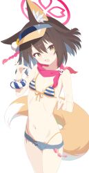 Rule 34 | 1girl, absurdres, animal ears, bikini, blue archive, blue bikini, blue shorts, breasts, brown hair, denim, denim shorts, double fox shadow puppet, fox ears, fox girl, fox shadow puppet, fox tail, groin, highres, izuna (blue archive), izuna (swimsuit) (blue archive), looking at viewer, lowleg, navel, official alternate costume, red scarf, scarf, short hair, short shorts, shorts, simple background, small breasts, solo, striped bikini, striped clothes, swimsuit, tail, thighs, urotsuki (2013.04), visor cap, white background, yellow eyes
