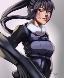 Rule 34 | 1girl, assault rifle, black hair, blue eyes, bodysuit, breasts, commentary, facial tattoo, fur collar, gloves, gun, hair between eyes, highres, holding, holding weapon, kouichi09, long hair, looking at viewer, parted lips, pitohui (sao), ponytail, rifle, skin tight, solo, sword art online, sword art online alternative: gun gale online, tattoo, weapon