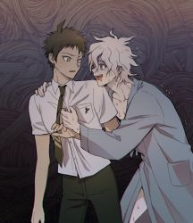 Rule 34 | 2boys, alternate costume, arm around shoulder, bad id, bad twitter id, brown eyes, brown hair, brown pants, collarbone, collared shirt, commentary request, cowboy shot, danganronpa (series), danganronpa 2: goodbye despair, dress shirt, eye contact, green eyes, green neckwear, grey hair, grey pajamas, grey shirt, hair between eyes, hand on another&#039;s chest, hand on another&#039;s shoulder, hinata hajime, komaeda nagito, leaning forward, looking at another, male focus, multiple boys, necktie, open mouth, pajamas, pants, ppap (11zhakdpek19), shirt, shirt grab, short hair, smile, sweat, sweatdrop, tearing up, teeth, upper teeth only, yaoi