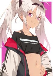 1girl akitetsu crop_top dark-skinned_female dark_skin flat_chest grey_hair highres jacket long_hair looking_at_viewer matsukai_mao navel nijisanji off_shoulder open_clothes open_jacket purple_eyes smile solo twintails upper_body virtual_youtuber