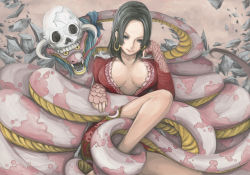 Rule 34 | 1girl, amazon warrior, black hair, blue eyes, boa hancock, breasts, cleavage, dress, earrings, fangs, female focus, jewelry, large breasts, long hair, midriff, one piece, open clothes, open dress, ripu (vincecarter), rock, salome (one piece), sitting, skull, smile, snake, snake bondage, snake earrings, solo