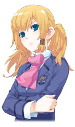 Rule 34 | 1girl, ascot, blazer, crossed arms, emblem, jacket, long sleeves, looking at viewer, nakatomi ryo, nakatomi ryou, original, school uniform, short hair, simple background, solo, twintails, upper body, white background