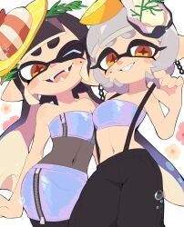 Rule 34 | 2girls, ;d, baggy pants, bare shoulders, black hair, black pants, black pantyhose, blunt bangs, blunt ends, blush stickers, breasts, callie (splatoon), chain, chain earrings, commentary, commentary request, cowboy shot, english commentary, fangs, floral background, food, food on head, fruit, gradient hair, grey hair, grin, heart, highres, holographic clothing, inkling, kiirono, lemon, lemon slice, long hair, looking at viewer, marie (splatoon), medium hair, midriff, miniskirt, mixed-language commentary, mole, mole under eye, multicolored hair, multiple girls, navel, nintendo, object on head, official alternate costume, official alternate hairstyle, one eye closed, open mouth, orange eyes, oyster, pants, pantyhose, pencil skirt, pointy ears, purple hair, purple skirt, purple tube top, shrimp, sidelocks, skirt, small breasts, smile, splatoon (series), splatoon 3, star-shaped pupils, star (symbol), strapless, suction cups, suspenders, suspenders pull, symbol-shaped pupils, tentacle hair, thick eyebrows, tube top, twintails, two-tone hair, very long hair, white background, zipper pull tab, zipper skirt