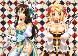 Rule 34 | 2girls, ahoge, arch bishop (ragnarok online), blonde hair, blue dress, blue flower, blue nails, blush, bow, breasts, brown dress, brown eyes, brown hair, checkered background, cleavage, cleavage cutout, closed mouth, clothing cutout, commentary request, cowboy shot, cross, cuffs, dress, expressionless, fishnet thighhighs, fishnets, flower, frilled thighhighs, frills, hair between eyes, hair bow, hair flower, hair ornament, handcuffs, interlocked fingers, juliet sleeves, large breasts, leaf hair ornament, leash, long bangs, long hair, long sleeves, looking at viewer, medium bangs, multiple girls, multiple hair bows, no panties, open mouth, own hands together, pelvic curtain, pink flower, puffy sleeves, ragnarok online, red bow, red eyes, sash, short hair, small breasts, swept bangs, thighhighs, tokixwaa, two-tone dress, white dress, white thighhighs, yellow sash