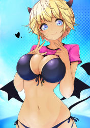 Rule 34 | 1girl, bikini, bikini under clothes, blonde hair, blue bikini, blue eyes, breasts, cleavage, clothes lift, commentary request, dark-skinned female, dark skin, demon girl, demon horns, demon tail, demon wings, front-tie top, hands on own chest, heart, highres, horns, large breasts, looking at viewer, maru-pen, nail polish, navel, original, pink nails, pink shirt, pointy ears, shirt, shirt lift, short hair, short sleeves, side-tie bikini bottom, smile, solo, standing, stomach, swimsuit, tail, tan, tanline, v, wings