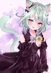 Rule 34 | 1girl, adapted costume, ahoge, alternate color, animal ears, bare shoulders, black dress, blue hair, blush, bow, cat ears, cat girl, cat tail, commentary, dress, ear ribbon, flat chest, flower, frilled dress, frills, gradient hair, green hair, hair ornament, holding, holding flower, hololive, long sleeves, low twintails, moizumi shipon, multicolored hair, pom pom (clothes), pom pom hair ornament, red eyes, short dress, short hair, short twintails, sideways glance, signature, skull hair ornament, smile, solo, strapless, strapless dress, tail, twintails, underbust, uruha rushia, virtual youtuber