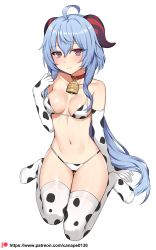 Rule 34 | 1girl, absurdres, ahoge, animal print, arm support, bad id, bad pixiv id, bell, bikini, blue hair, breasts, canape (canape0130), choker, closed mouth, commentary request, cow print, cow print bikini, cowbell, elbow gloves, full body, ganyu (genshin impact), genshin impact, gloves, goat horns, hand up, highres, horns, korean commentary, long hair, looking at viewer, navel, neck bell, print bikini, red choker, red eyes, simple background, sitting, smile, solo, swimsuit, thighhighs, thighs, wariza, watermark, web address, white background, white gloves, white thighhighs