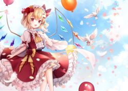 Rule 34 | 1girl, :d, balloon, bird, bird on hand, blonde hair, blue sky, bow, center frills, cloud, cloudy sky, commentary, crystal, dove, feet out of frame, flandre scarlet, flower, flying, frilled hairband, frilled skirt, frills, hair bow, hairband, highres, looking at viewer, medium hair, mumu-crown, no headwear, one side up, open mouth, puffy short sleeves, puffy sleeves, red bow, red eyes, red flower, red rose, red skirt, red vest, rose, shirt, shirt bow, short sleeves, skirt, skirt hold, sky, smile, solo, touhou, vest, white shirt, wide sleeves, wings, yellow bow, yellow flower, yellow rose