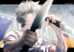 Rule 34 | 1boy, animal ears, arknights, bags under eyes, bear boy, bear ears, clothes writing, dual wielding, fingernails, grey hair, highres, holding, holding knife, jaye (arknights), knife, letterboxed, macha@meshi, male focus, parted lips, scar, scar on arm, shirt, short hair, solo, t-shirt, translation request, twitter username, upper body, white eyes, white shirt