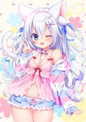 Rule 34 | 1girl, ;3, ;d, animal ears, arms at sides, babydoll, bell, blue bow, blue ribbon, blush, bow, breasts, cat ears, cat girl, cat tail, cleavage, floral background, frills, hair between eyes, hair ornament, hair ribbon, hand up, jingle bell, long hair, looking at viewer, medium breasts, milestone celebration, mitsuba choco, navel, neck ribbon, one eye closed, open mouth, original, pajamas, paw print, ribbon, short shorts, shorts, sleepwear, smile, solo, spaghetti strap, tail, thigh gap, two side up, v, white hair, x hair ornament