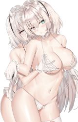 Rule 34 | 2girls, bare arms, bare shoulders, bikini, breasts, choker, cleavage, closed mouth, collarbone, cowboy shot, gloves, grabbing, grabbing from behind, green eyes, halterneck, headdress, heterochromia, highres, kanikou, large breasts, looking at viewer, multiple girls, navel, original, red eyes, short hair, side-tie bikini bottom, silver hair, simple background, single thighhigh, skindentation, standing, stomach, strap pull, string bikini, swimsuit, thighhighs, thighs, untied bikini, white background, white bikini, white gloves, white legwear