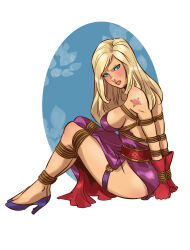 Rule 34 | 1girl, annoyed, arm tattoo, ass, bdsm, blonde hair, blue eyes, blush, bondage, bound, breasts, clenched teeth, dress, fatal fury, feet, from side, garou: mark of the wolves, gloves, heels, high heels, highres, jenet behrn, large breasts, legs, long hair, looking at viewer, no bra, red lips, sideboob, sitting, snk, solo, tattoo, teeth, the king of fighters, thighs