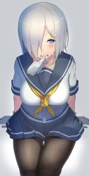 Rule 34 | 10s, 1girl, arm support, arms behind back, black pantyhose, blue eyes, blush, breasts, disembodied limb, finger in another&#039;s mouth, gloves, grey background, hair ornament, hair over one eye, hairclip, hamakaze (kancolle), hand on another&#039;s chin, heart, heart-shaped pupils, kantai collection, large breasts, looking at viewer, neckerchief, open mouth, pantyhose, pleated skirt, saliva, school uniform, serafuku, short hair, short sleeves, silver hair, sitting, skirt, solo focus, sukebewe, symbol-shaped pupils, tears, white gloves, yellow neckerchief