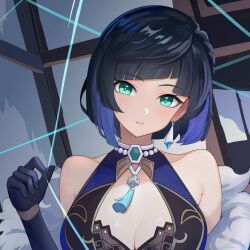 Rule 34 | 1girl, bare shoulders, black gloves, black hair, blue hair, blunt bangs, breasts, cleavage, commentary, earrings, fangai-anmian, fur trim, genshin impact, gloves, green eyes, hand up, head tilt, highres, jewelry, large breasts, looking at viewer, multicolored hair, off shoulder, parted lips, short hair, solo, upper body, yelan (genshin impact)