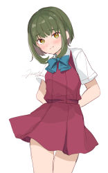 Rule 34 | 1girl, :i, adapted costume, blue bow, blue bowtie, blush, bow, bowtie, dated, dress, green hair, highres, hiroi09, kantai collection, looking at viewer, pout, purple dress, school uniform, shirt, short hair, short sleeves, signature, simple background, solo, takanami (kancolle), white background, white shirt, yellow eyes
